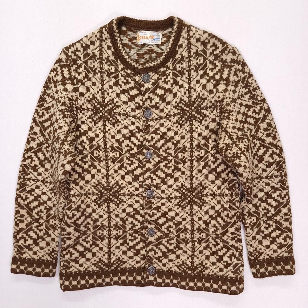 Vintage Jersey Modeller Iceland Wool Cardigan Brown Fair Isle Coin Button M